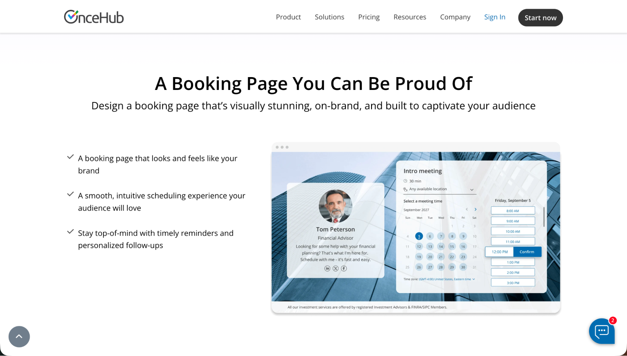 OnceHub booking page builder showcasing a customizable scheduling interface designed to match your brand style and improve client engagement.