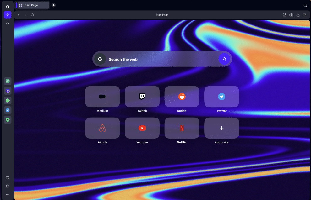 Opera browser start page with search bar and popular website shortcuts in dark theme.