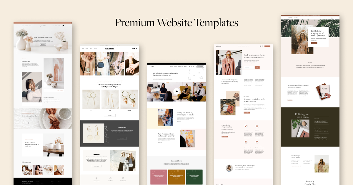 A display of five premium website templates with elegant, modern layouts on a neutral background.