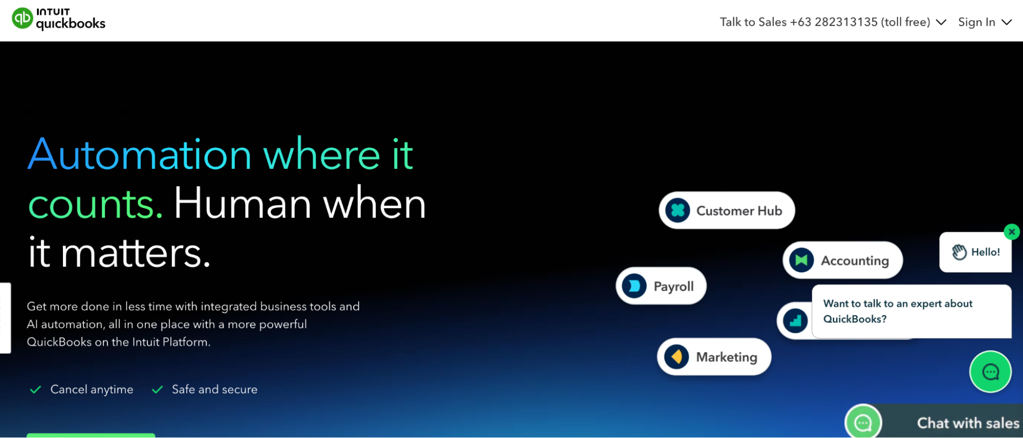 A QuickBooks homepage banner promoting automation tools alongside human support features.