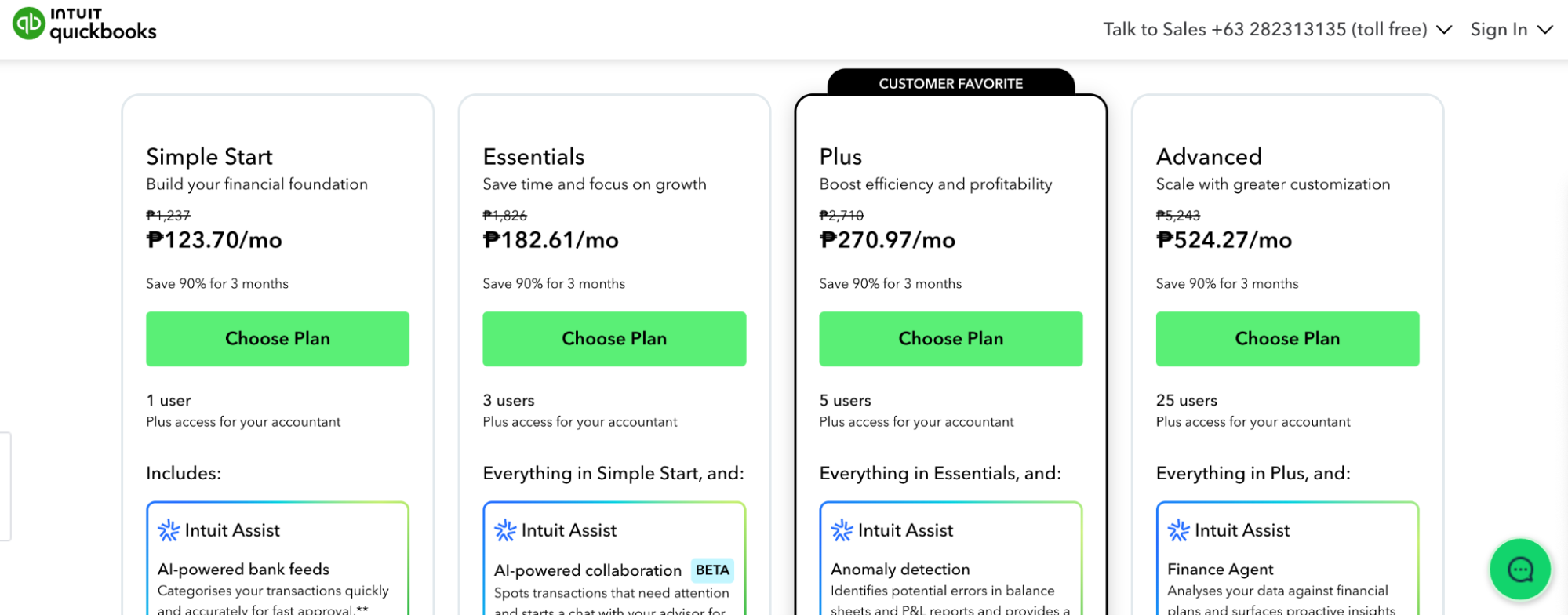 A pricing table showcasing QuickBooks’ Simple Start, Essentials, Plus, and Advanced subscription plans.
