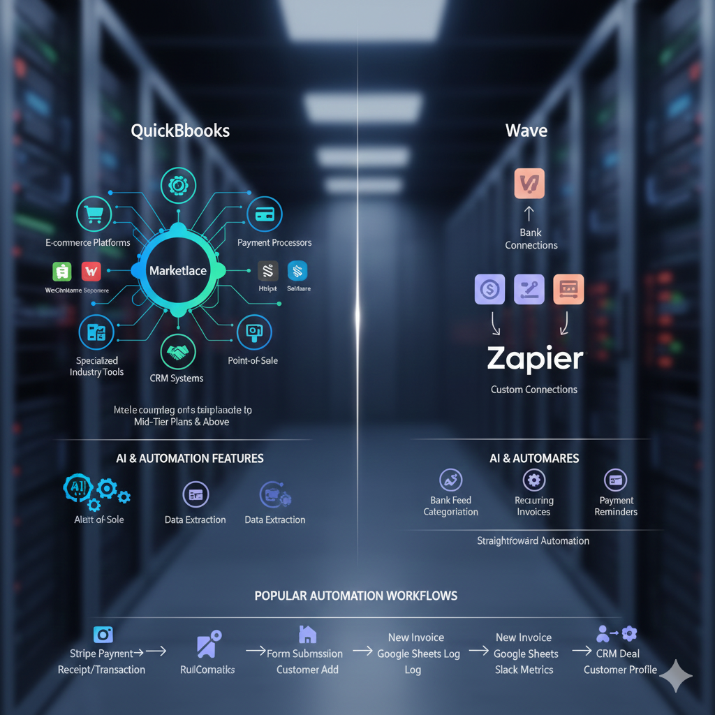 A screenshot of the Wave dashboard showing connected bank accounts, cash-flow charts, and invoice summaries.