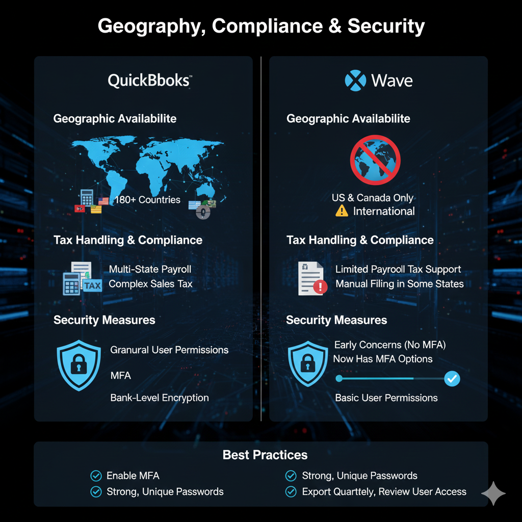 A comparison chart highlighting QuickBooks and Wave differences in geographic availability, tax compliance, and security features.