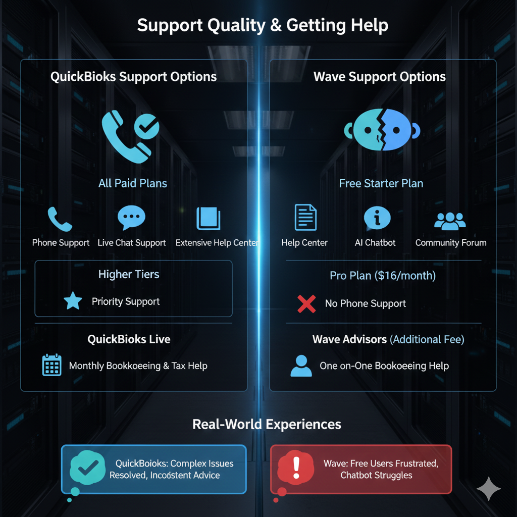 A support comparison chart showing the differences between QuickBooks and Wave, including support tiers and user experiences.