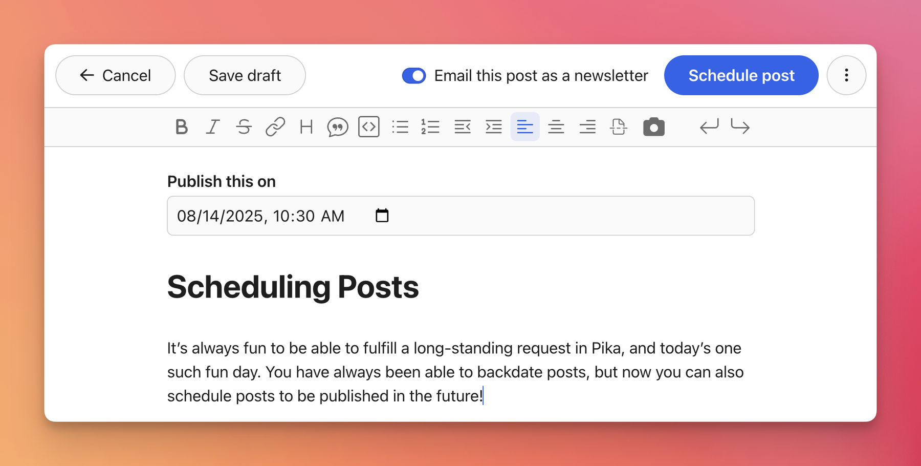A screenshot of a blog editor showing scheduling options for publishing a post on a future date.
