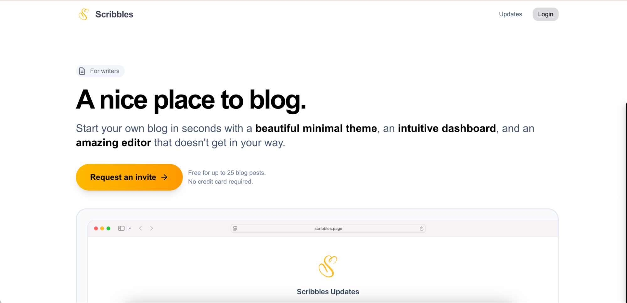 A screenshot of the Scribbles homepage promoting its minimal blogging theme and writer-friendly editor.