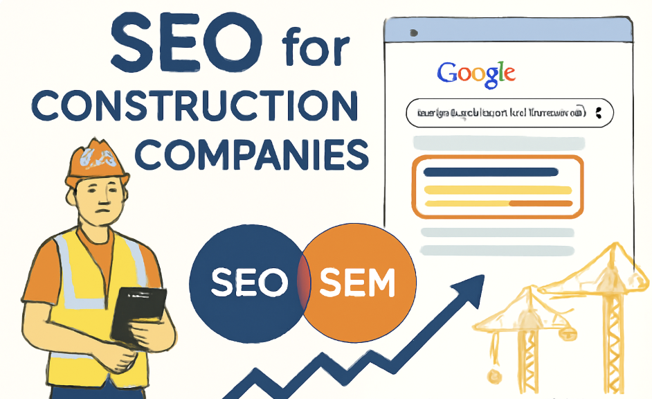 A graphic illustrating SEO and SEM concepts for construction companies with a builder and Google search page.