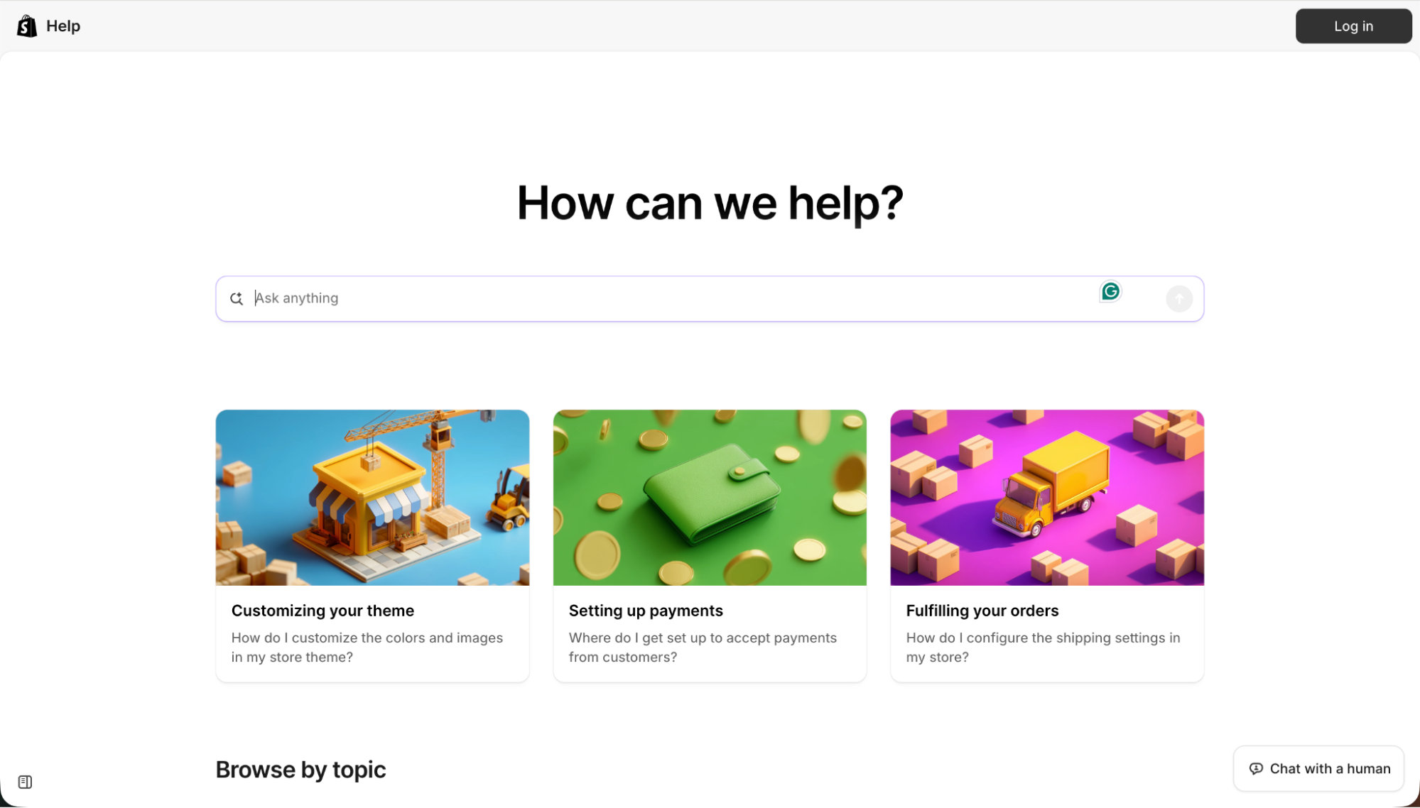 Shopify Help Center homepage with a search bar, featured guide cards for customizing themes, setting up payments, and managing shipping.