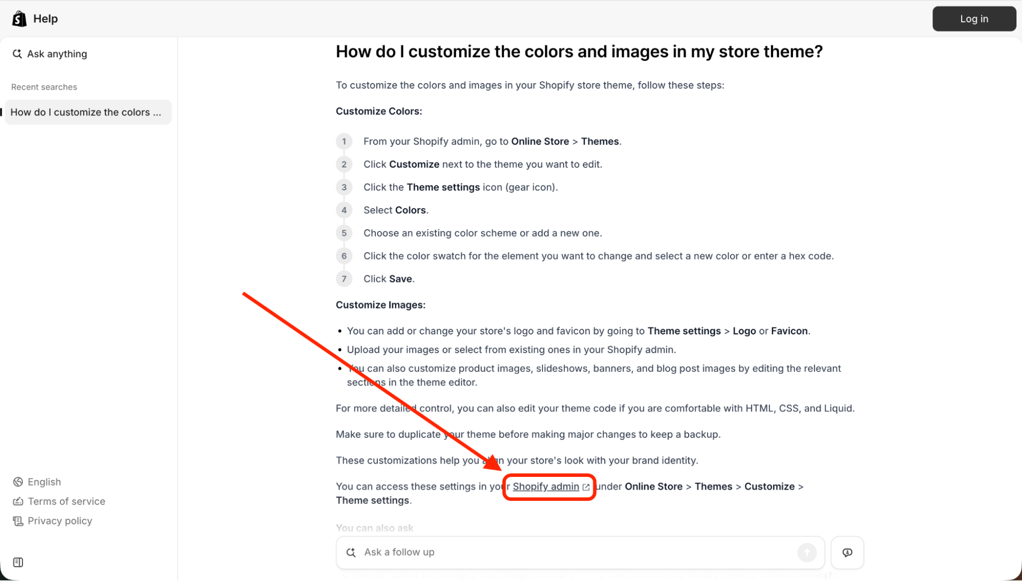 Shopify Help Center article explaining how to customize theme colors and images, including a link to the Shopify admin for editing settings.