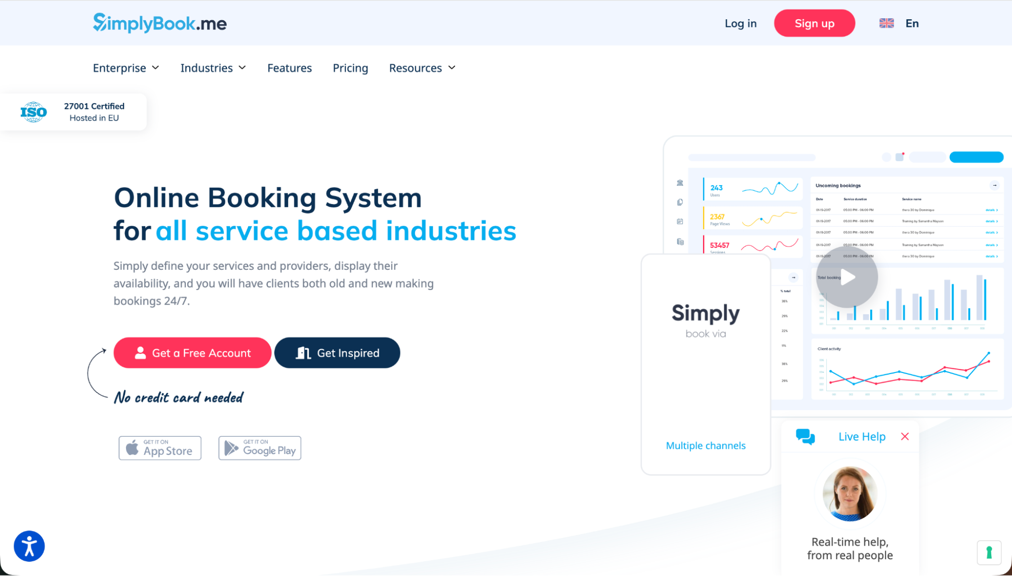 SimplyBook.me booking system interface highlighting service-based industry scheduling, availability management, and real-time booking analytics.
