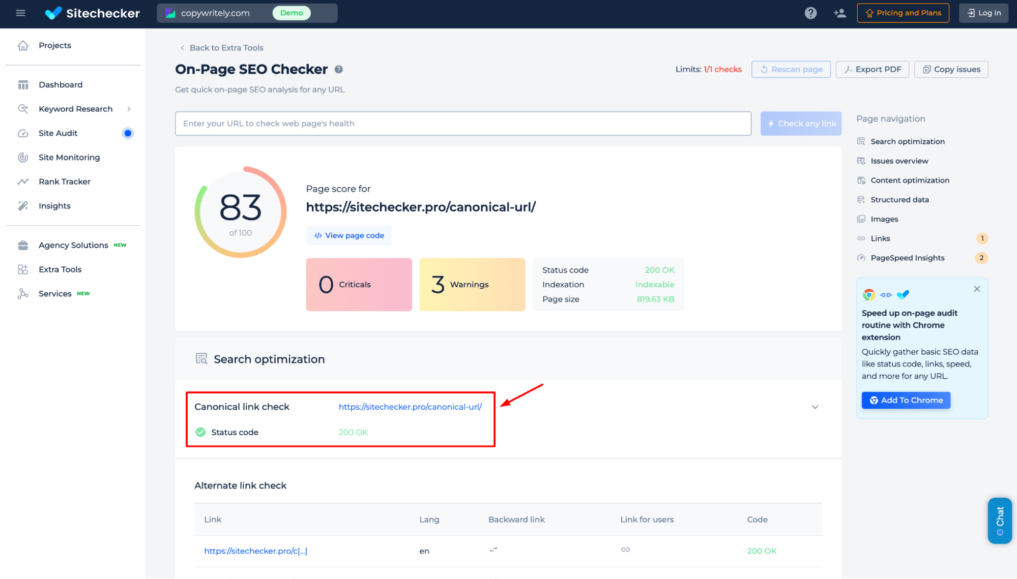 Sitechecker On-Page SEO Checker Canonical Link Status Screenshot