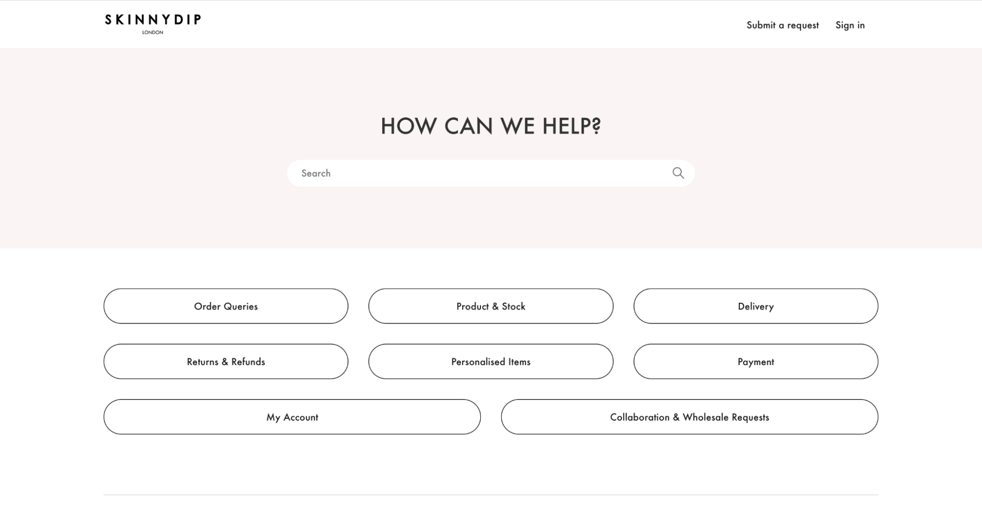 Skinnydip Help Center with a clean layout featuring search and rounded category buttons for orders, returns, delivery, and account support.
