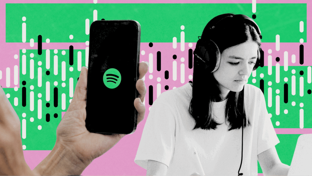Visual of a person using Spotify on a phone and listening with headphones, illustrating Spotify’s audio experience.
