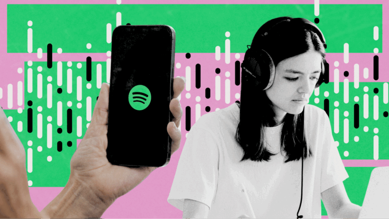 Visual of a person using Spotify on a phone and listening with headphones, illustrating Spotify’s audio experience.