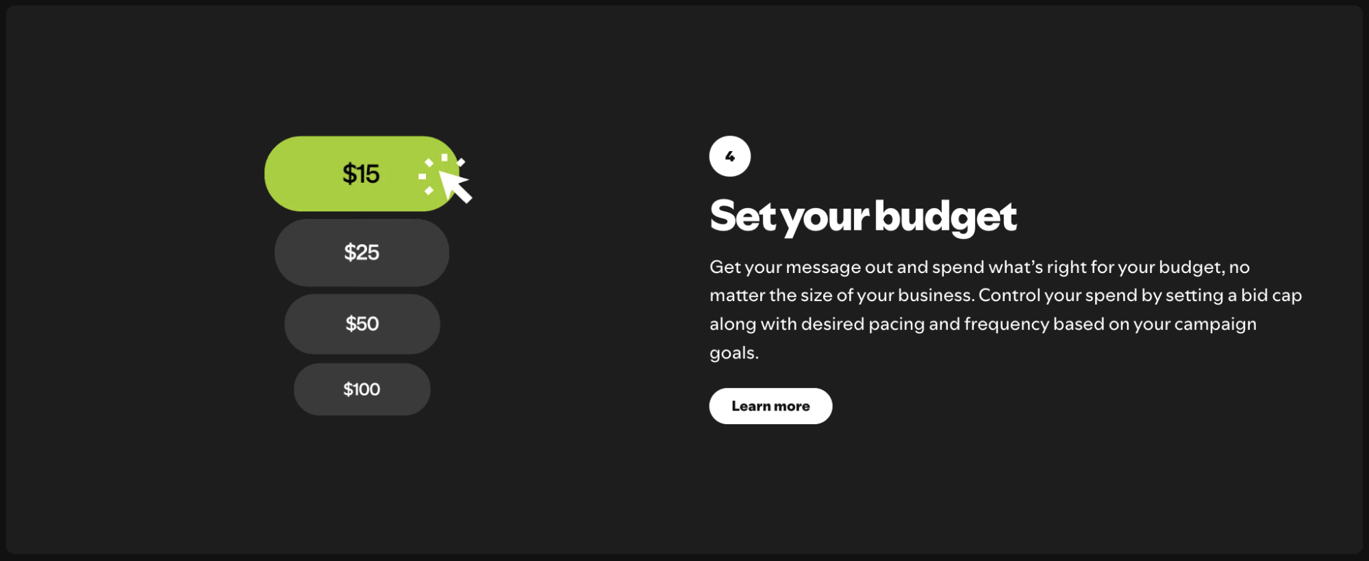 Spotify Ads budget selection screen showing multiple budget tiers to set campaign spending.