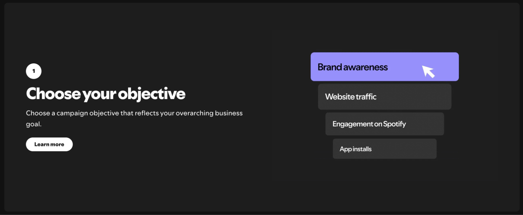 Spotify Ads Manager objective selection page showing campaign goals like brand awareness, website traffic, and app installs.