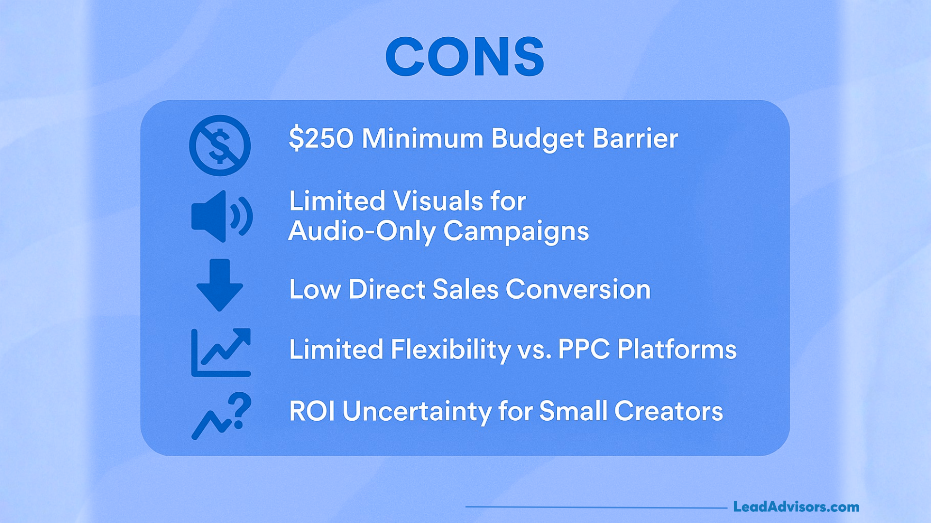 Spotify ads cons list featuring budget minimums, audio-only limitations, low direct conversions, limited flexibility, and ROI uncertainty.