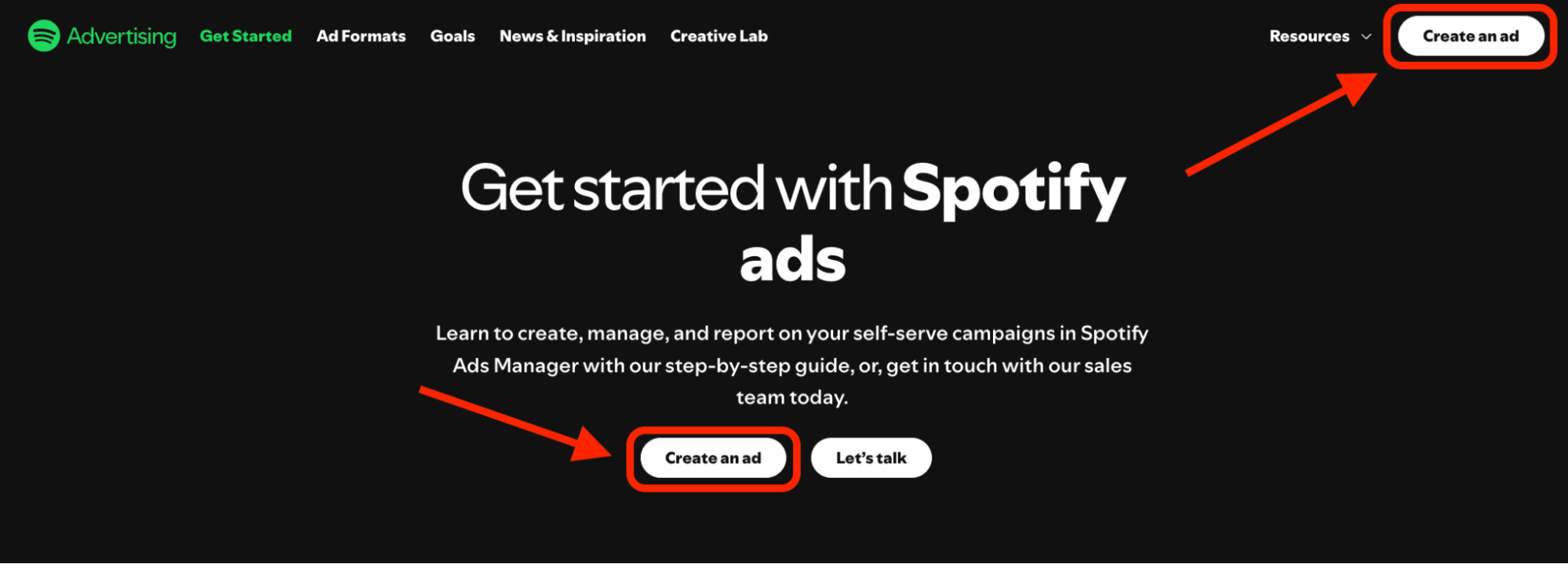Spotify Ads Manager homepage showing the 'Create an ad' call-to-action for launching self-serve Spotify advertising campaigns.