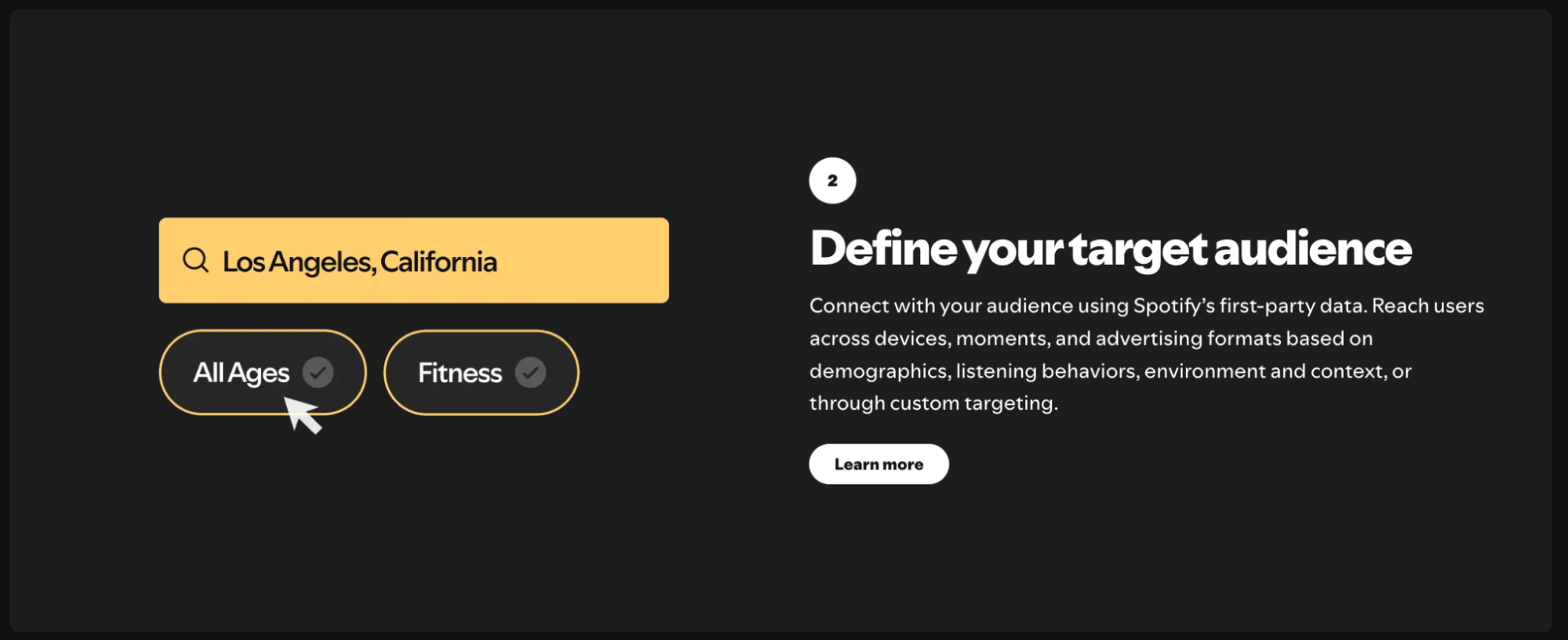 Spotify Ads targeting interface showing location and interest filters to define your target audience.