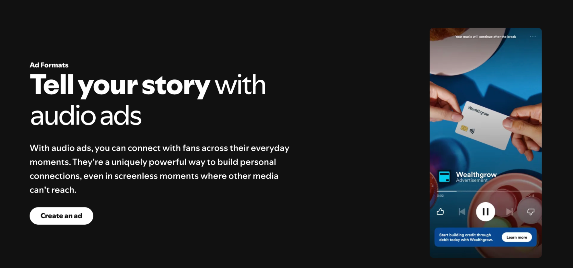 Spotify audio ads promotional graphic showing an example mobile ad and the option to create an audio campaign.