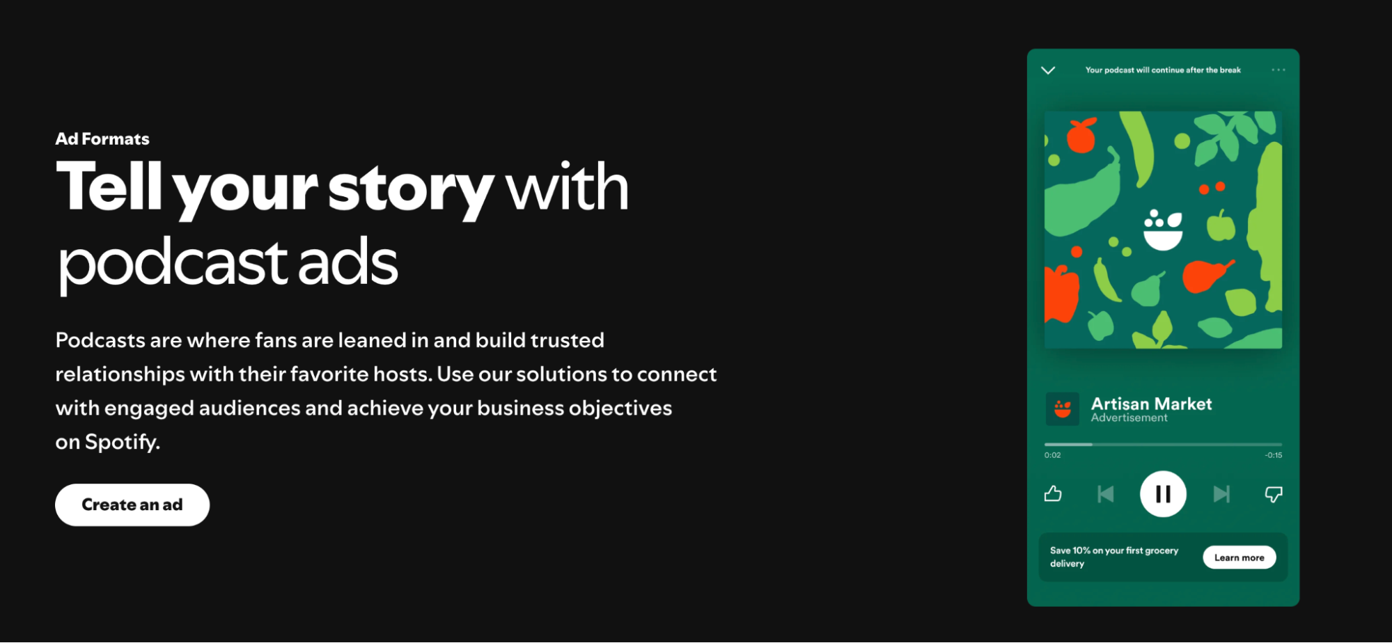 Spotify podcast ad format example demonstrating how businesses can promote messages during podcast listening sessions.