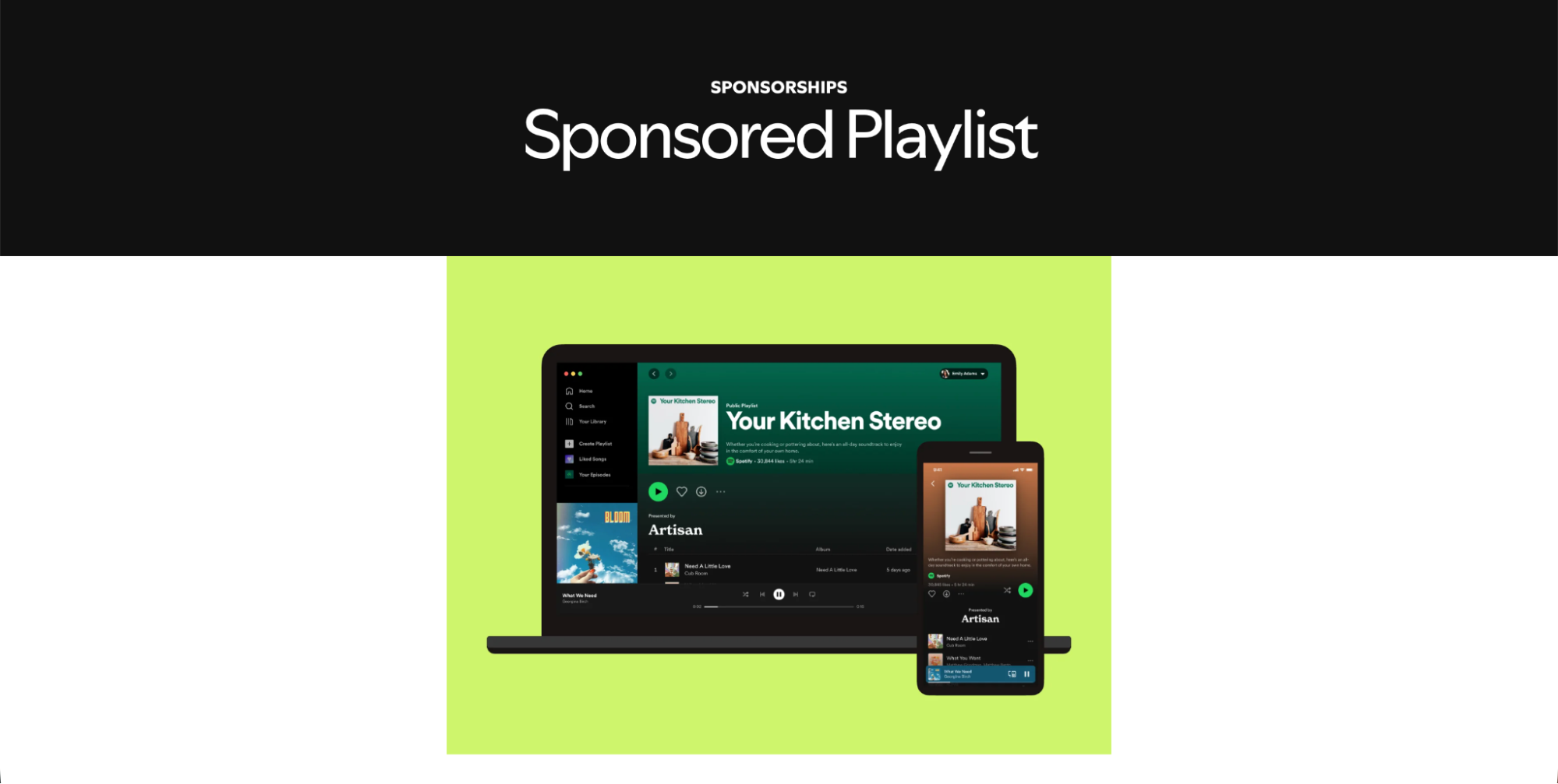 Spotify Sponsored Playlist example showing a branded playlist displayed across desktop and mobile devices.