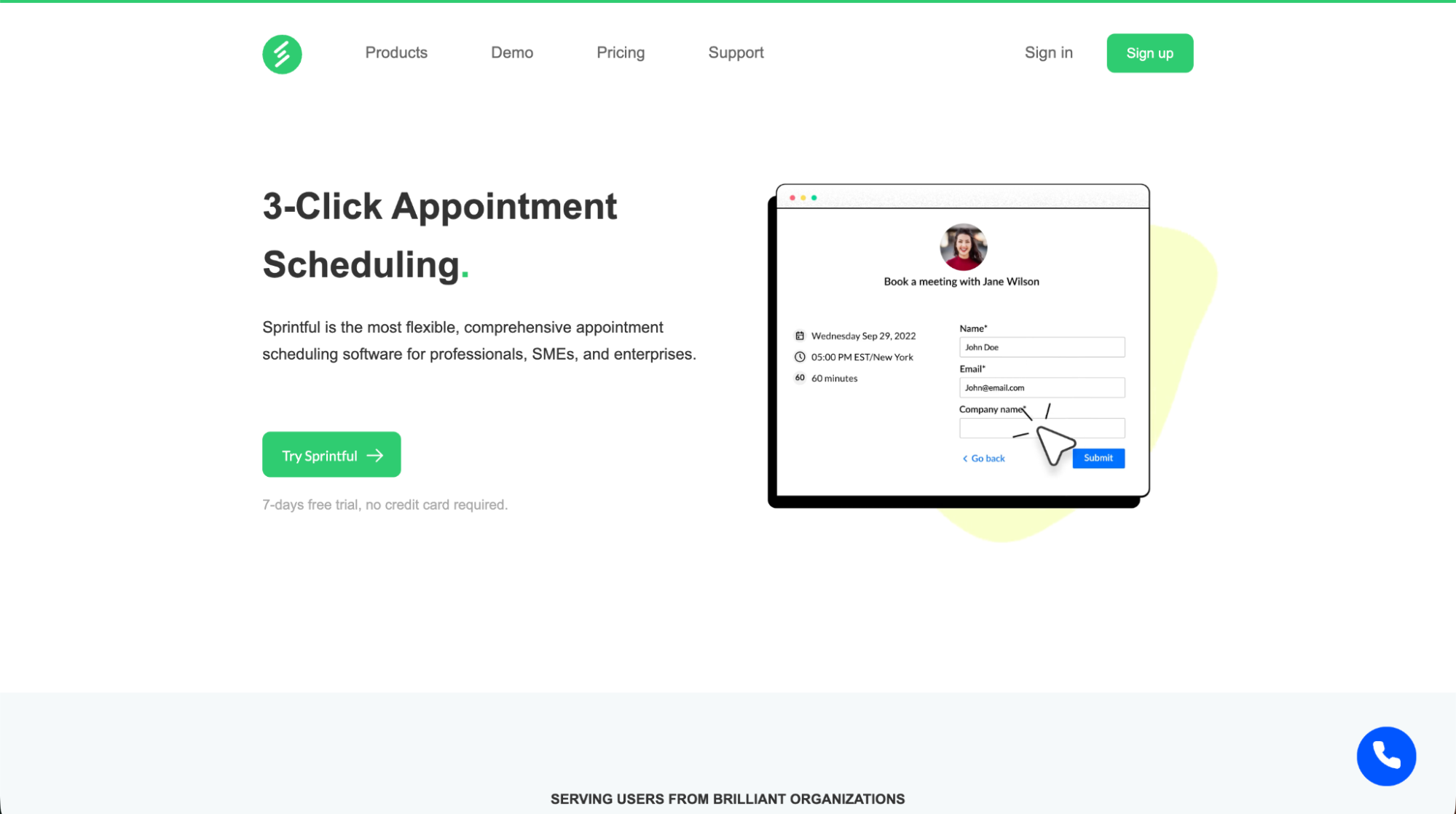 Sprintful 3-click appointment scheduling platform showcasing an easy booking form for professionals and enterprises.