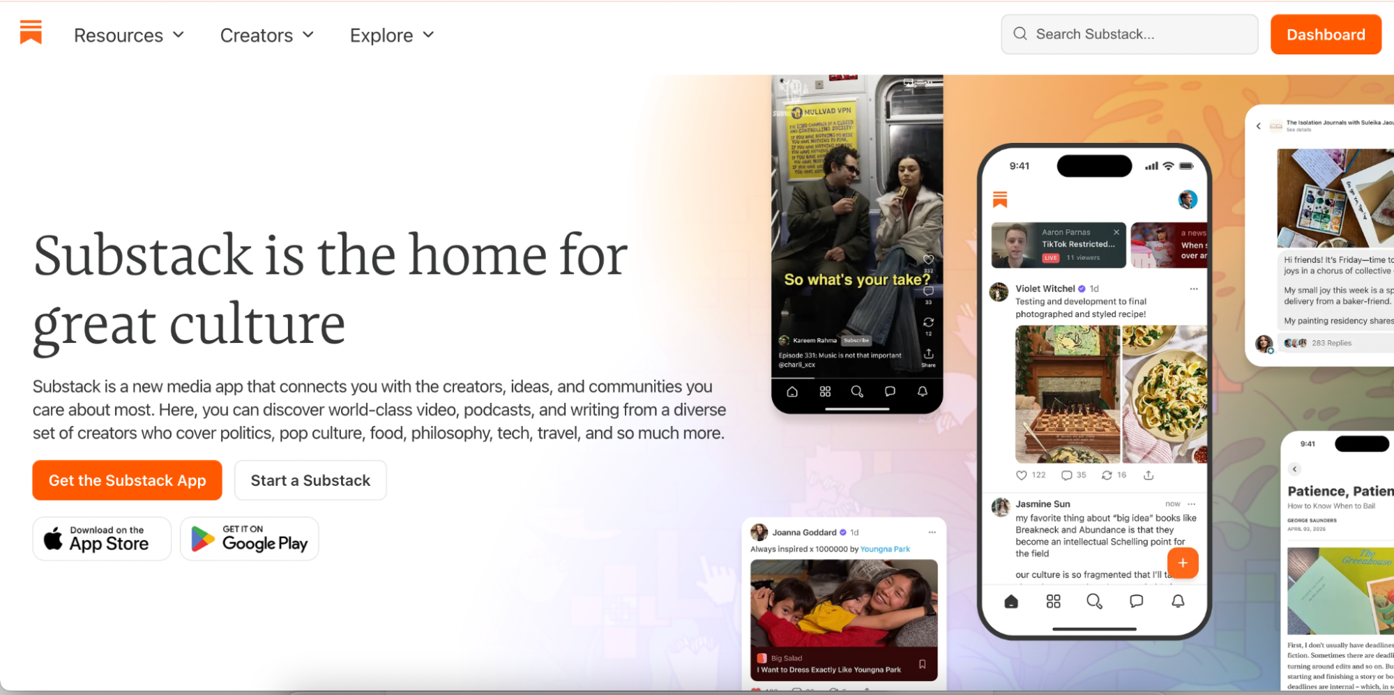 A screenshot of Substack’s homepage highlighting creators, community content, and mobile app previews.