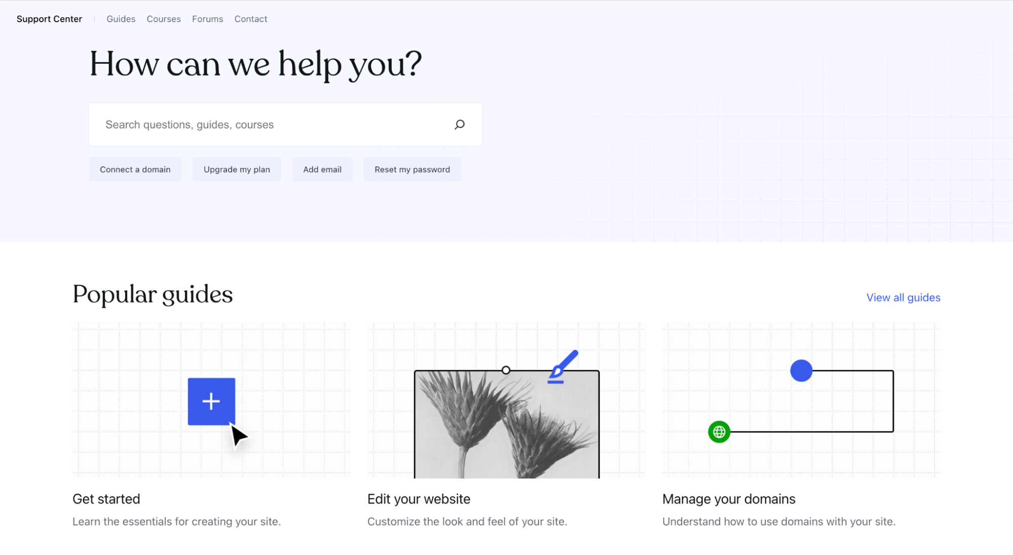 Support Center page with a search bar and popular guides on getting started, editing a website, and managing domains.