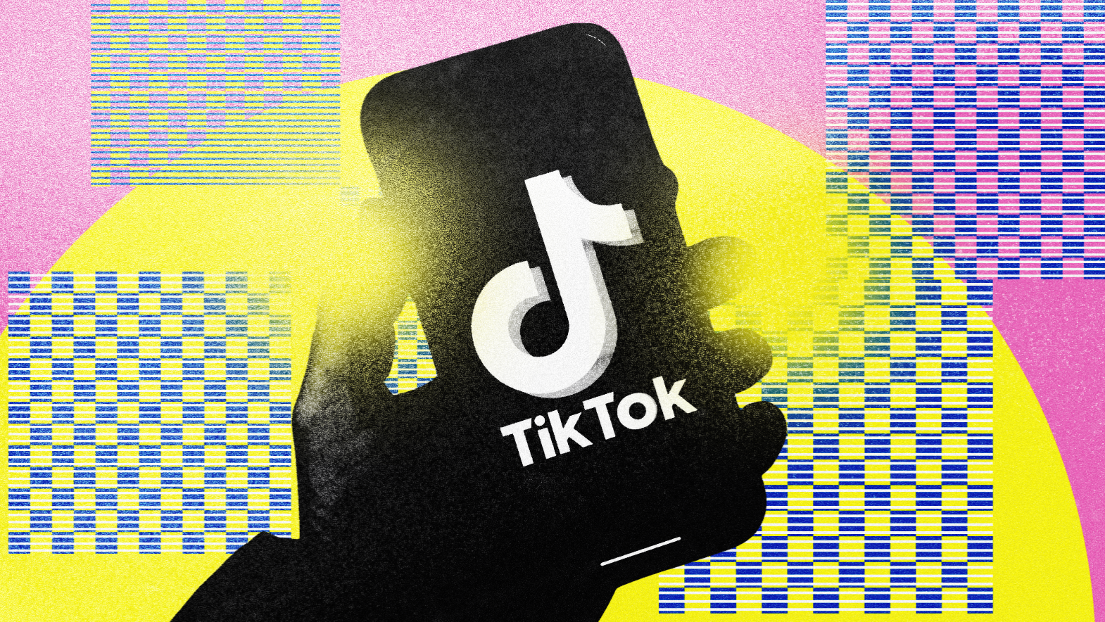 Hand holding a smartphone with the TikTok logo on a colorful background.