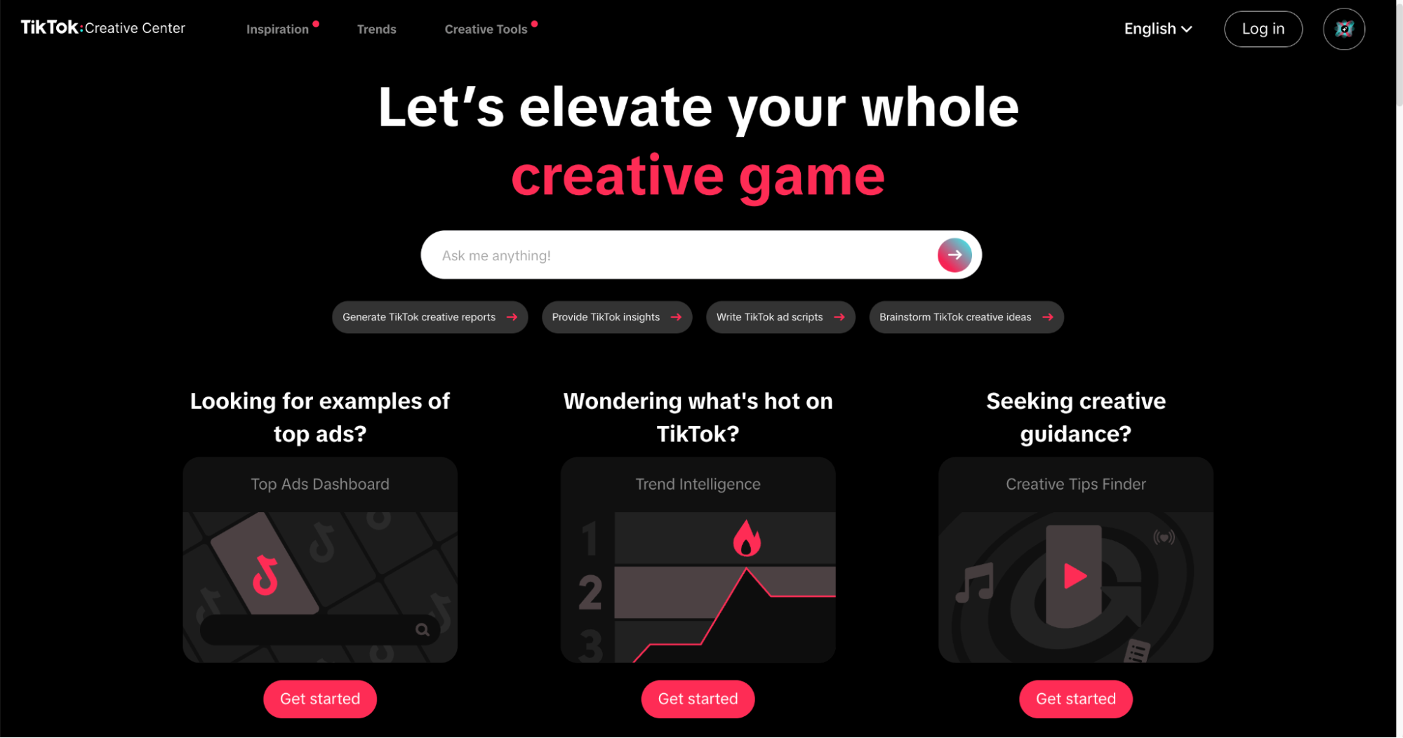TikTok Creative Center dashboard for ad inspiration and trend intelligence.