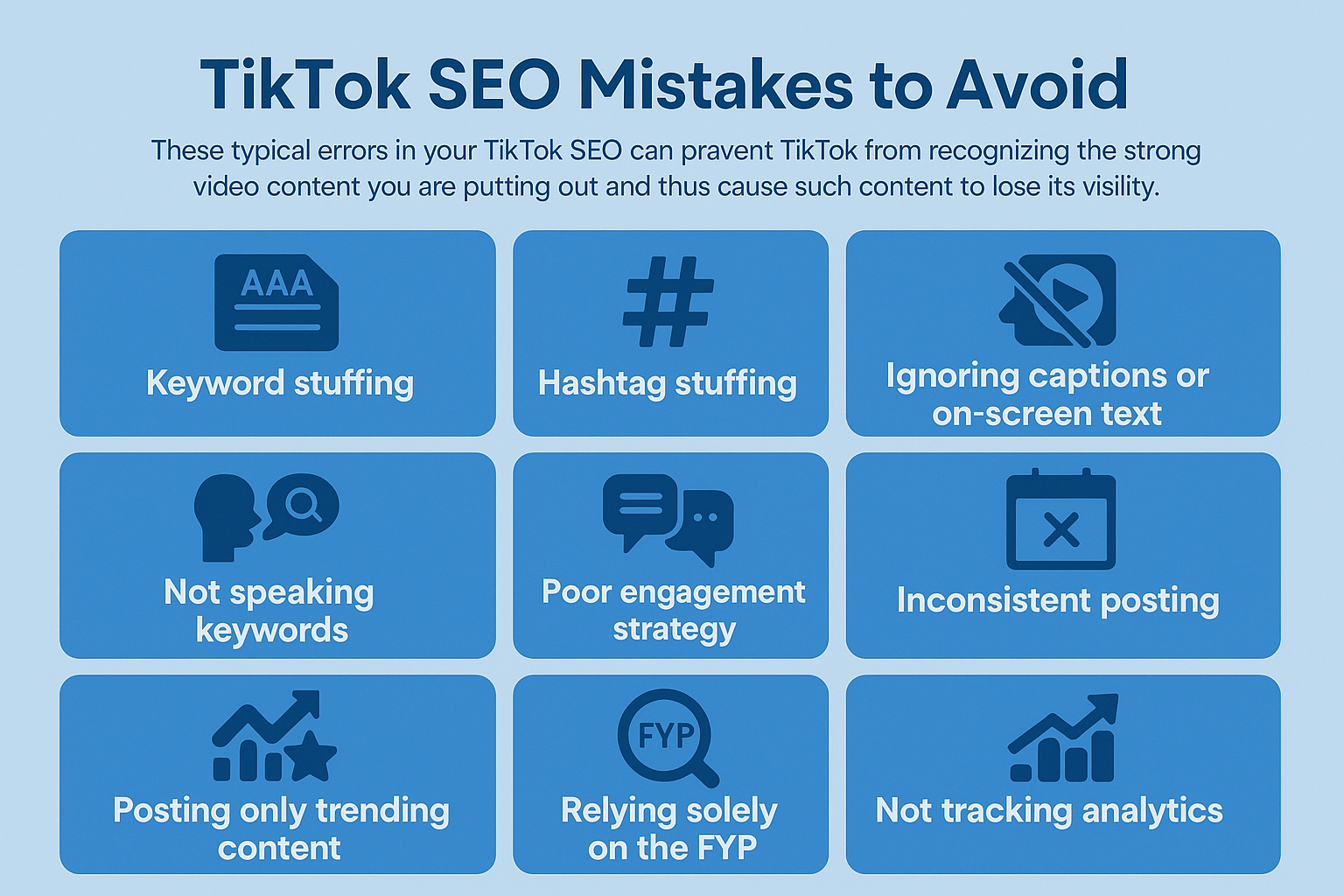 Grid listing TikTok SEO errors to avoid, including hashtag stuffing and not tracking analytics.