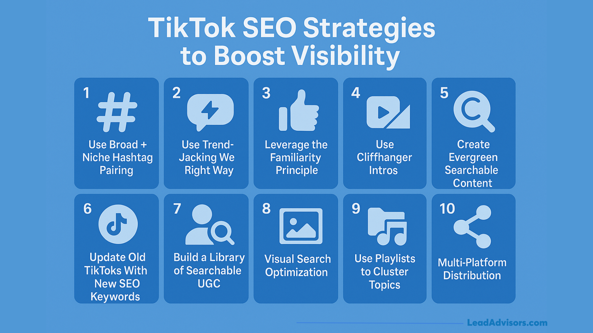 Infographic of 10 TikTok SEO strategies to boost video visibility.