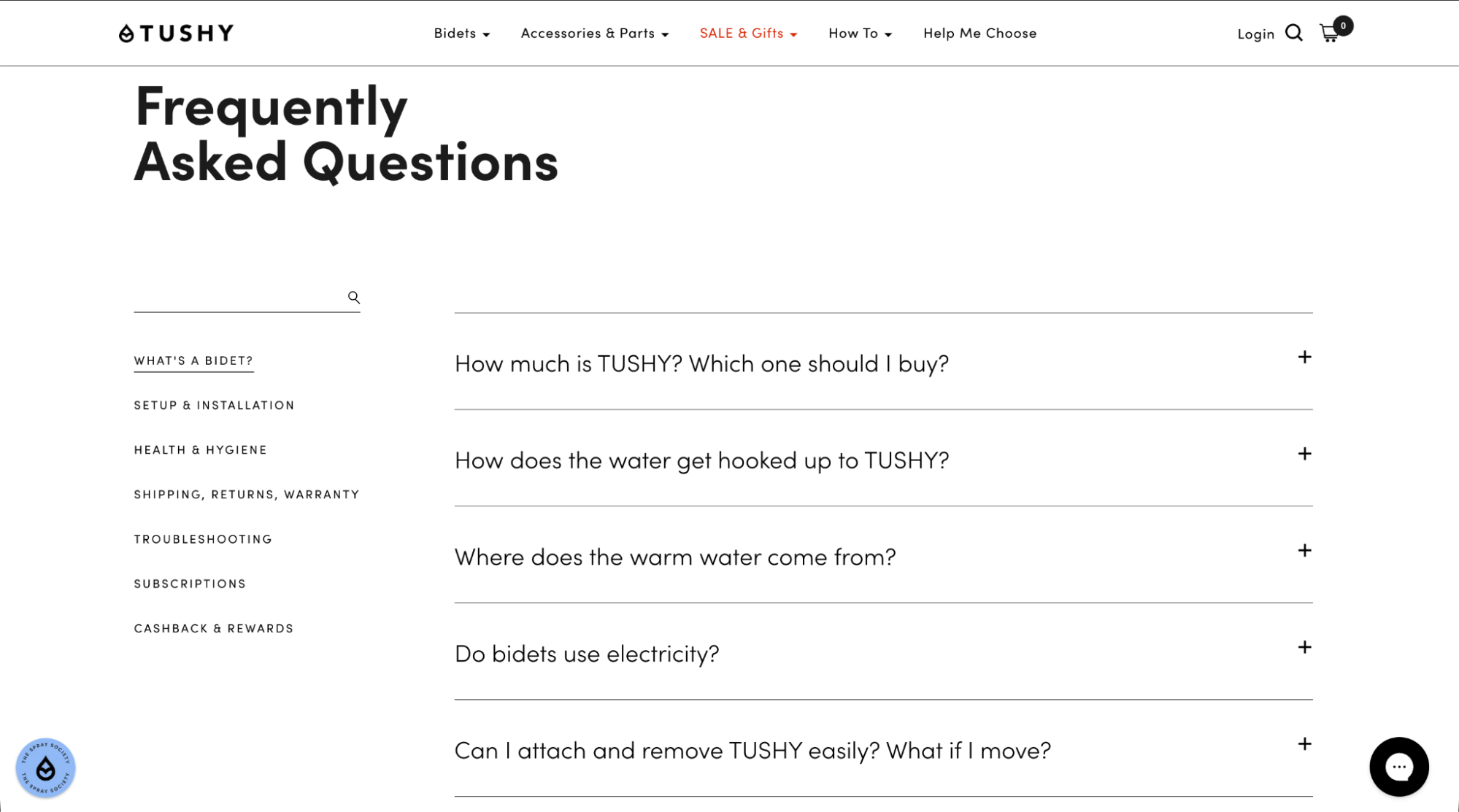 Tushy FAQ page with categorized support topics such as setup, installation, shipping, hygiene, and common bidet questions.