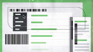 Illustration showing barcode-style UI elements and menu selections on a green and gray interface, representing data organization and navigation.