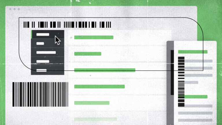 Illustration showing barcode-style UI elements and menu selections on a green and gray interface, representing data organization and navigation.
