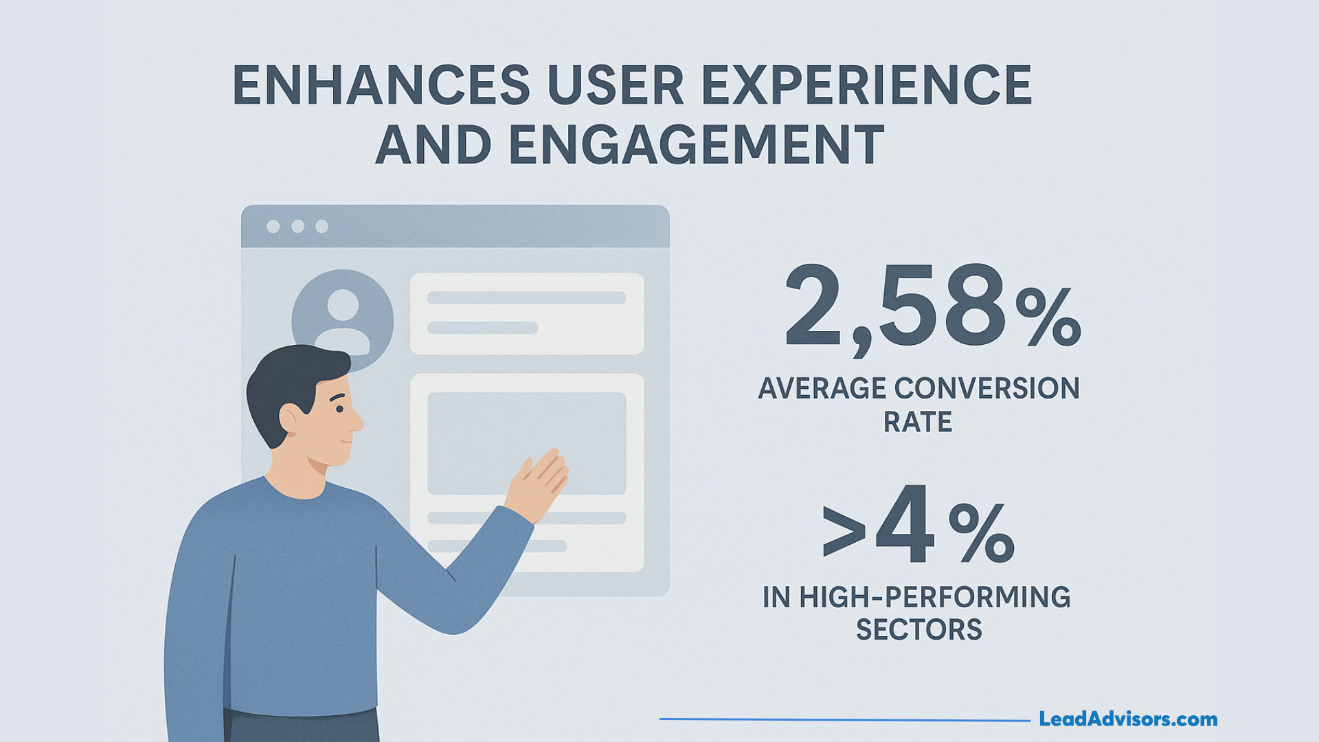 Illustration showing enhanced user experience and engagement metrics, featuring a 2.58% average conversion rate and 4%+ in high-performing sectors.