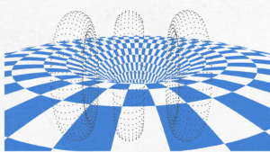 A blue and white checkered grid forms a funnel-shaped depression, with dotted lines forming oval loops above it—much like a visual representation of a retargeting campaign drawing users into its gravity well.