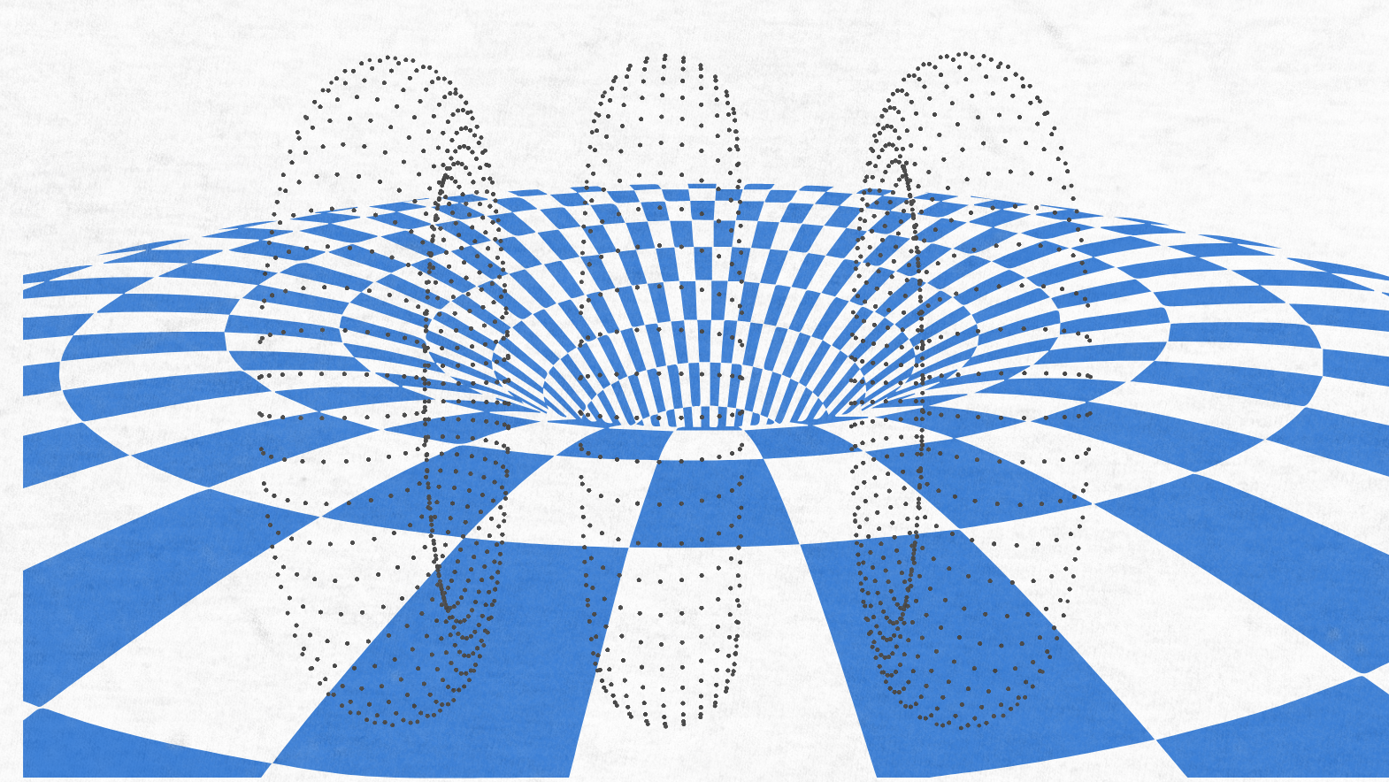 A blue and white checkered grid forms a funnel-shaped depression, with dotted lines forming oval loops above it—much like a visual representation of a retargeting campaign drawing users into its gravity well.
