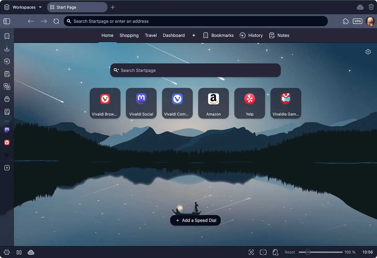Vivaldi interface showing bookmarks, history, and workspace options.