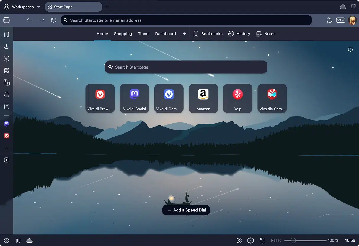 Vivaldi interface showing bookmarks, history, and workspace options.