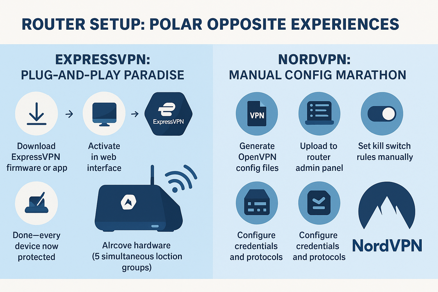 Side-by-side comparison of ExpressVPN’s easy router setup and NordVPN’s more manual configuration process.