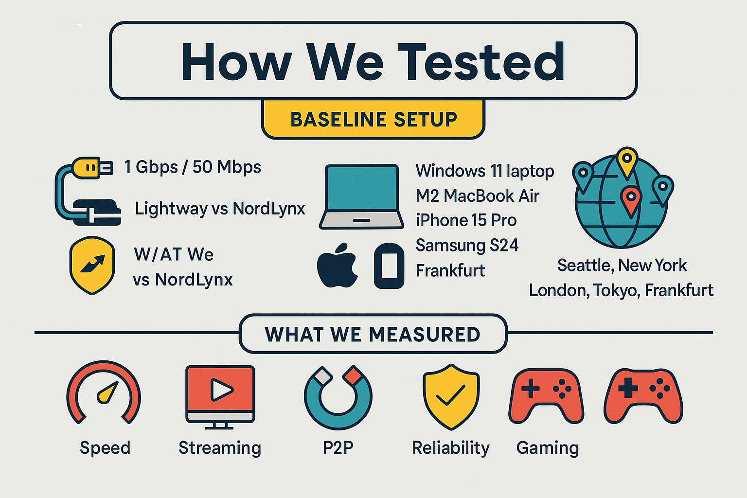 Infographic outlining the devices, locations, and performance metrics used to test VPN services.