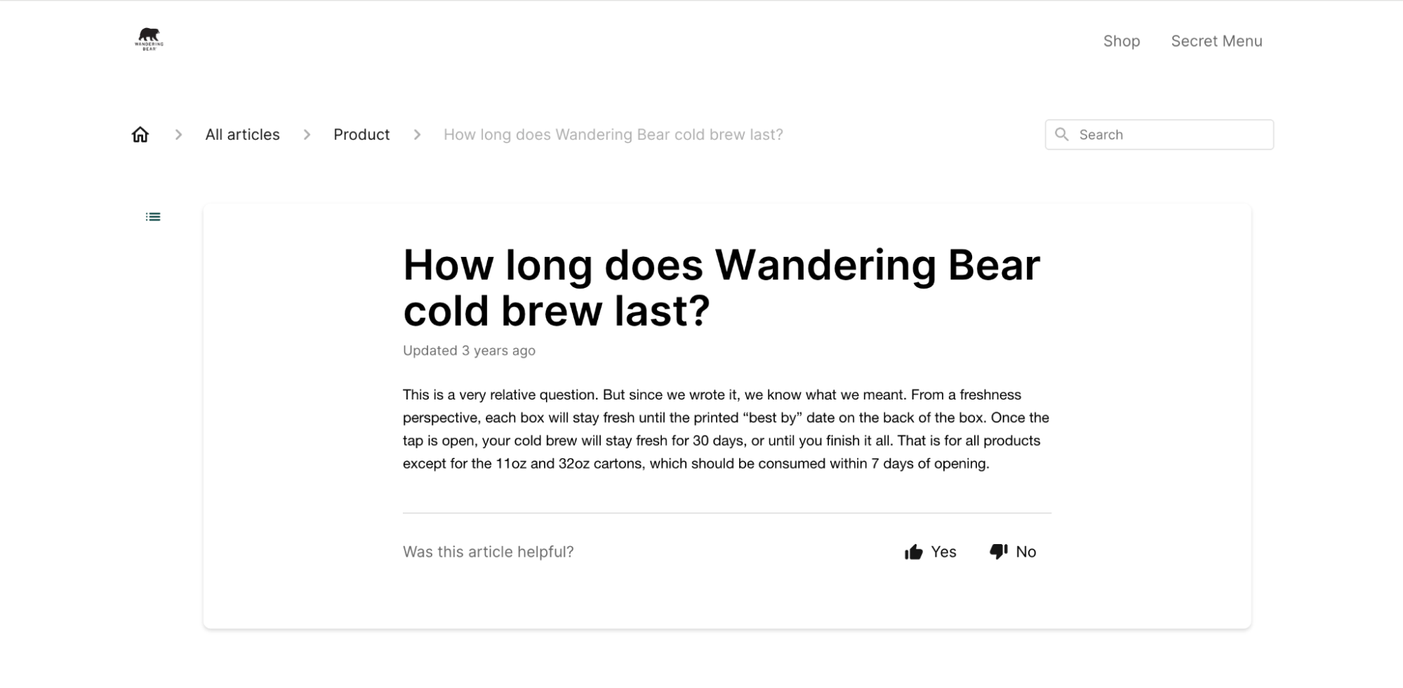 Wandering Bear help article explaining how long their cold brew lasts, including freshness details and storage guidance.