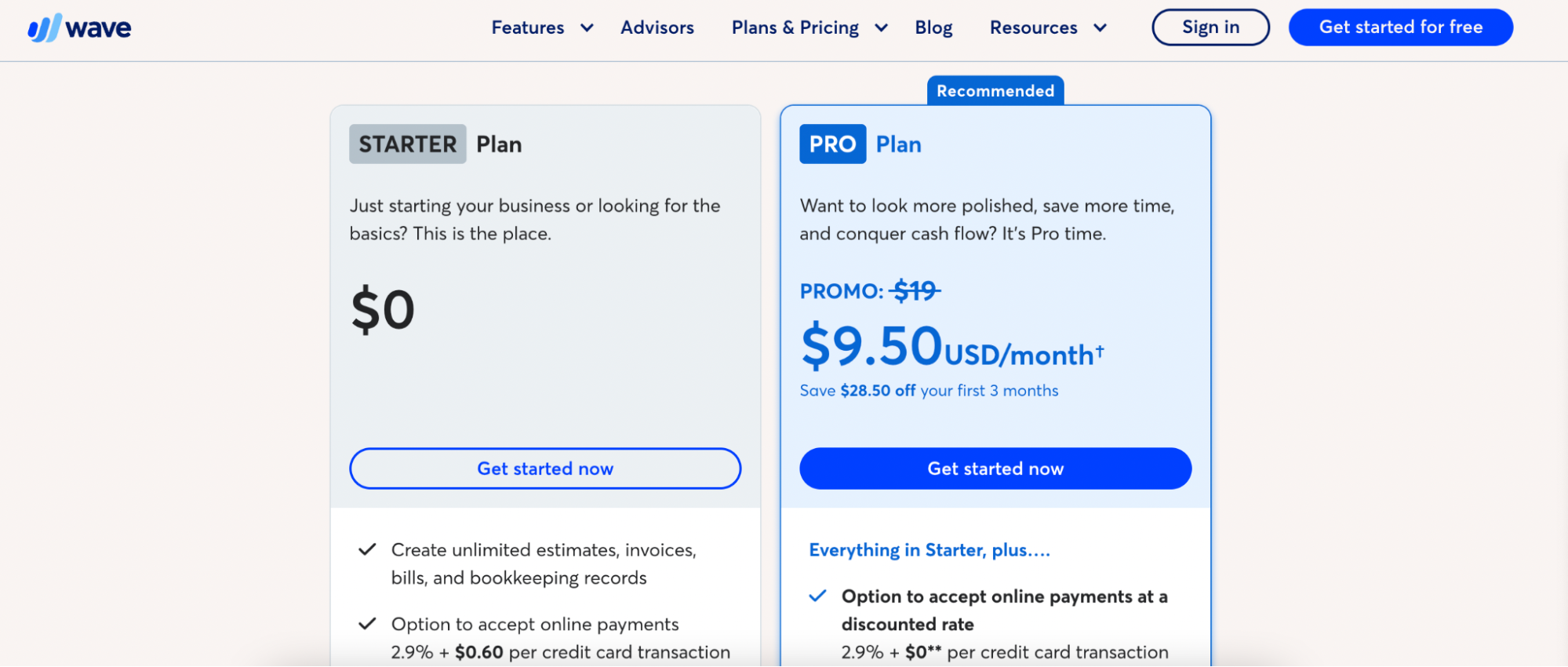 A comparison of Wave’s Starter and Pro plans, including pricing and key features.