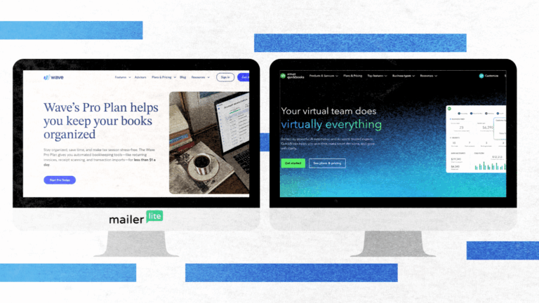 A side-by-side comparison showing Wave and QuickBooks websites displayed on two desktop monitors.