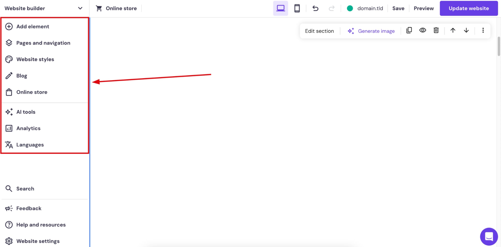 A screenshot of a website builder interface showing sidebar options like pages, blog, styles, and analytics.