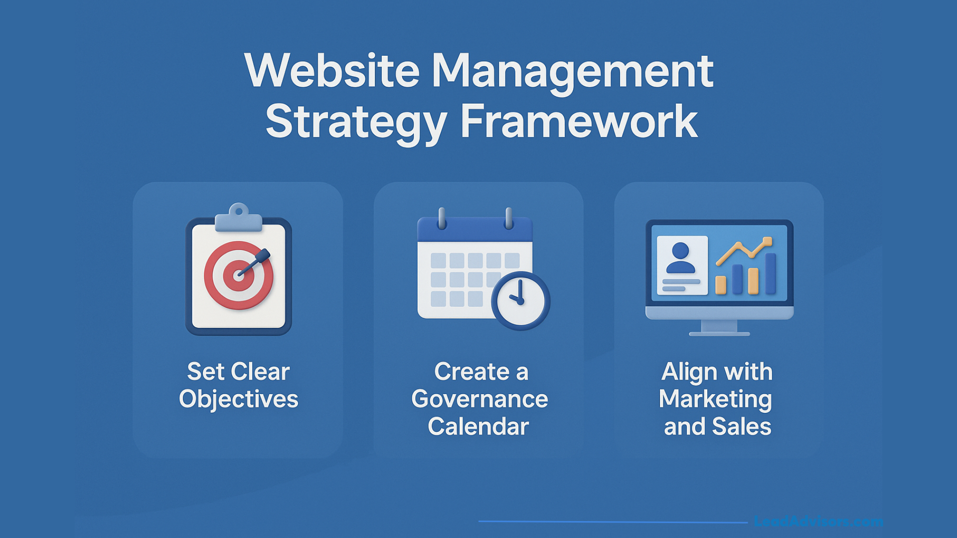 Graphic outlining a website management strategy framework with three pillars: setting clear objectives, creating a governance calendar, and aligning with marketing and sales.