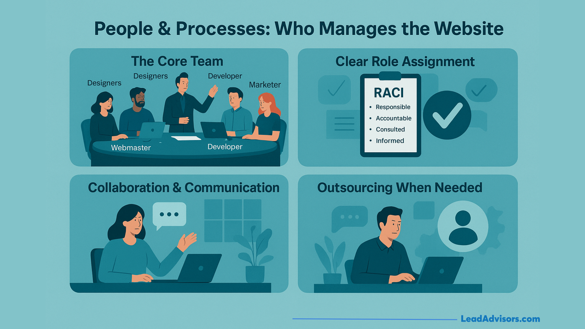 Infographic explaining who manages a website, featuring core team roles, RACI role assignment, collaboration and communication, and outsourcing when needed.