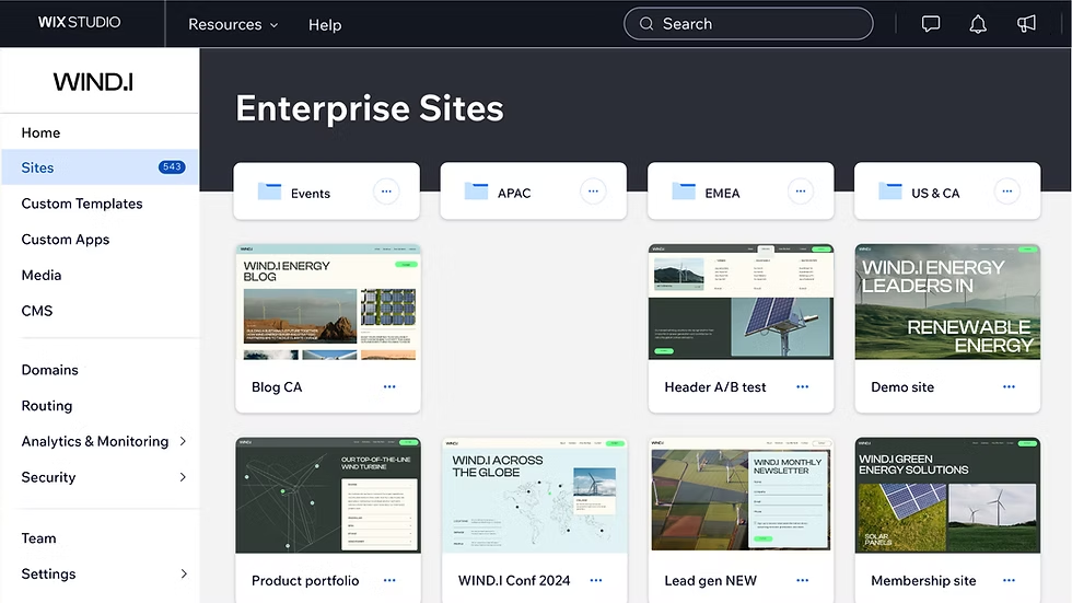 A screenshot of the Wix Studio dashboard displaying enterprise site folders and multiple website thumbnails.